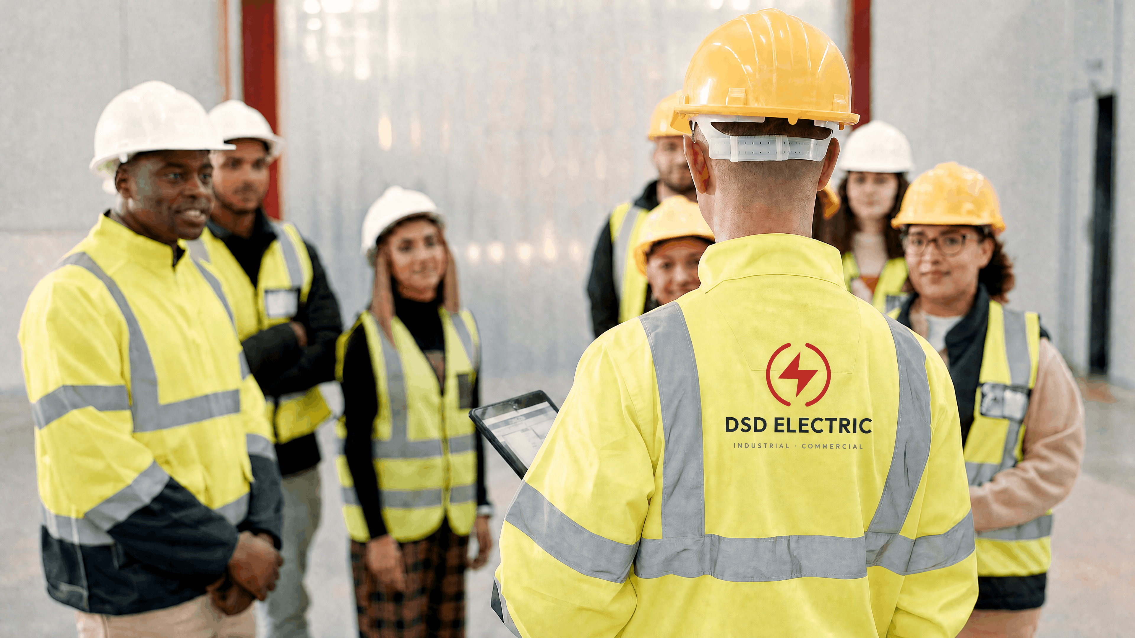 A DSD Electric foreman briefing a crew in high-visibility gear on site.